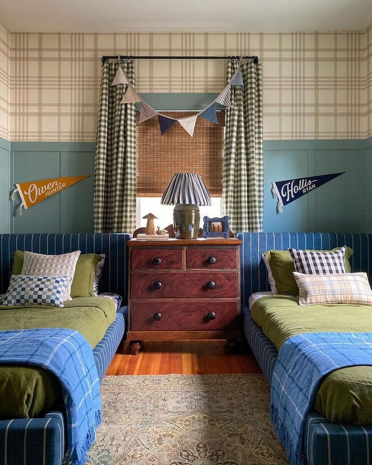 two twin beds in a bedroom with blue and green walls