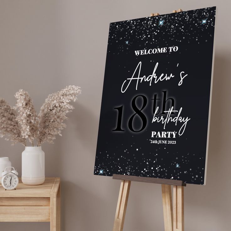 an easel with a sign that says welcome to andrews's 18th birthday party