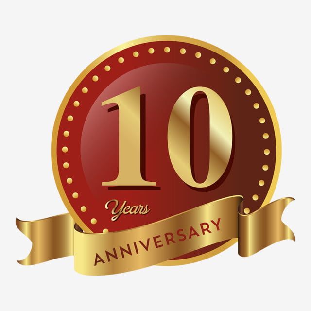 a red and gold 10 year anniversary badge with a ribbon around the number ten years