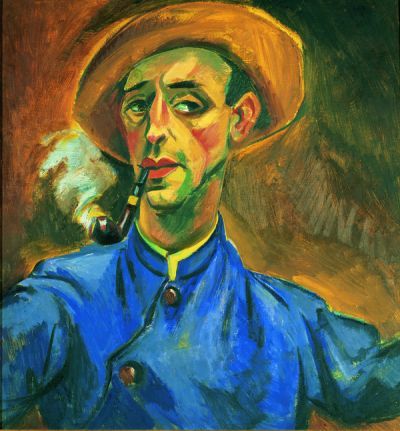 a painting of a man with a pipe in his mouth and wearing a blue shirt