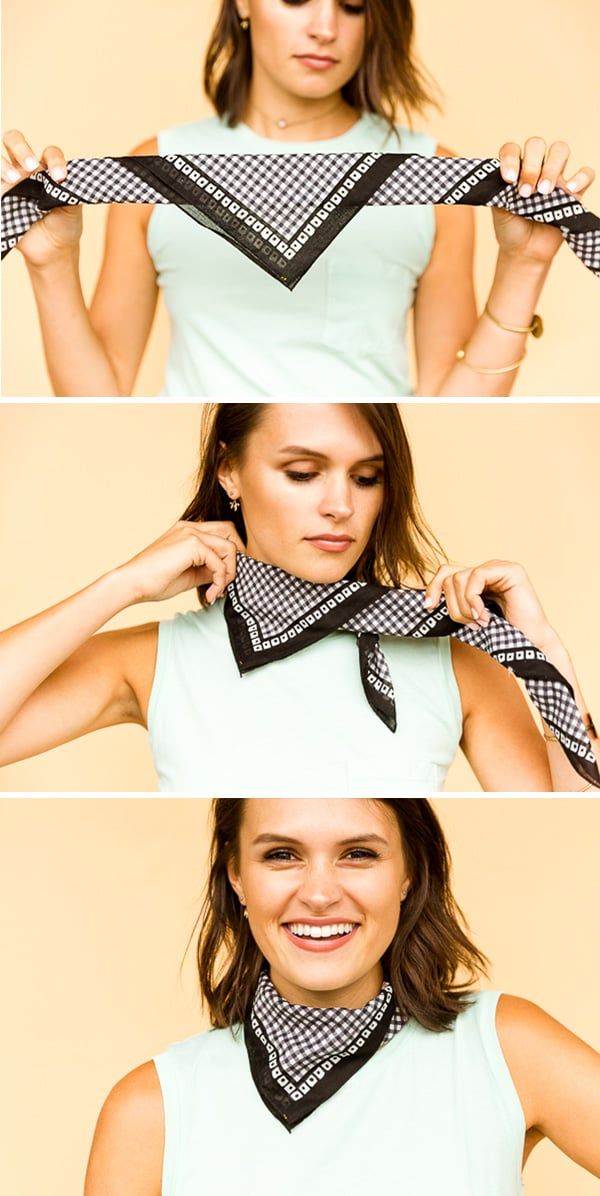 Learn to style one square bandana in 6 different ways, with step by step photos and instructions to explain each one. #hairtutorial #bandanastyling #hairstyles #squarebandana Bandana Folding Ideas, Neck Bandana Outfit Western, How To Style A Handkerchief, How To Fold A Bandana, How To Tie Bandana Around Neck, How To Wear A Bandana Around Your Neck, Bandana Outfits For Women, How To Wear A Bandana, Ways To Style A Bandana