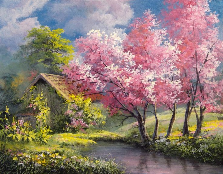 a painting of trees and flowers by a stream with a house on the other side