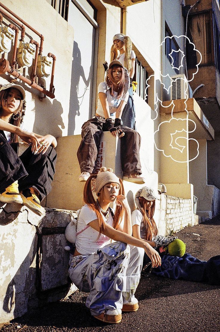 a group of young people sitting on the side of a building next to each other