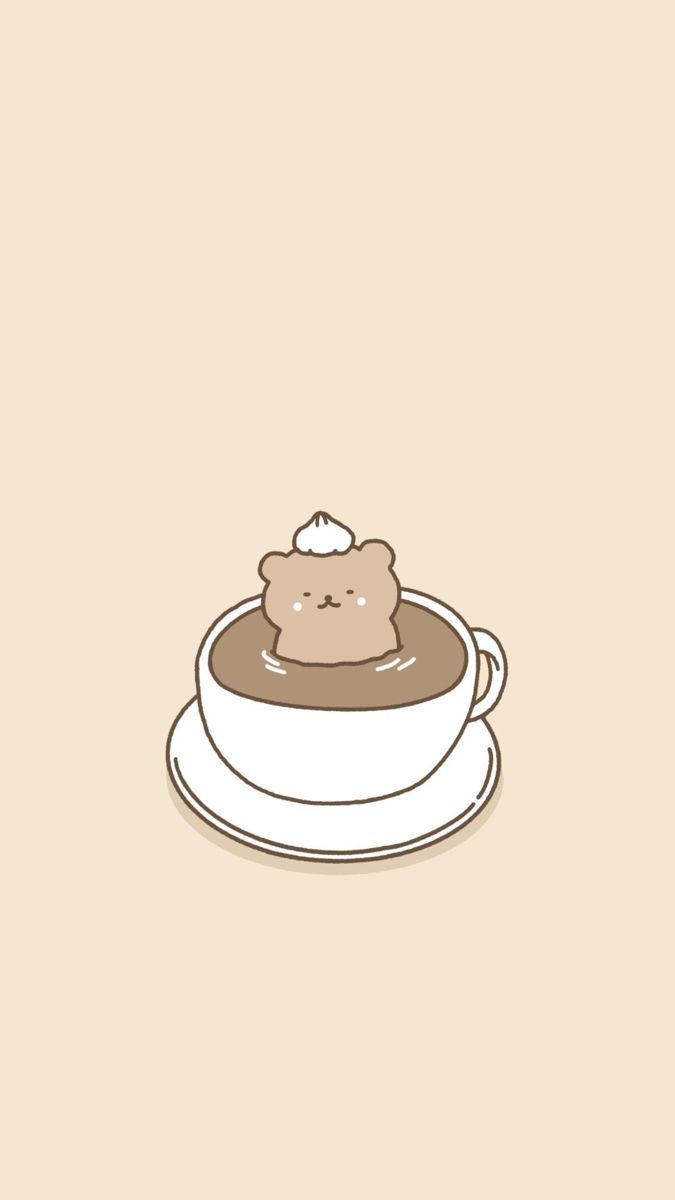 a cartoon bear sitting in a cup of coffee on top of a white saucer