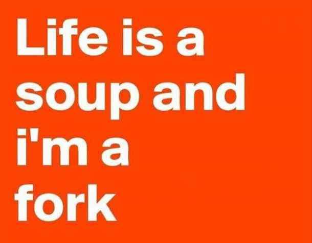 the words life is a soup and i'm a fork on an orange background