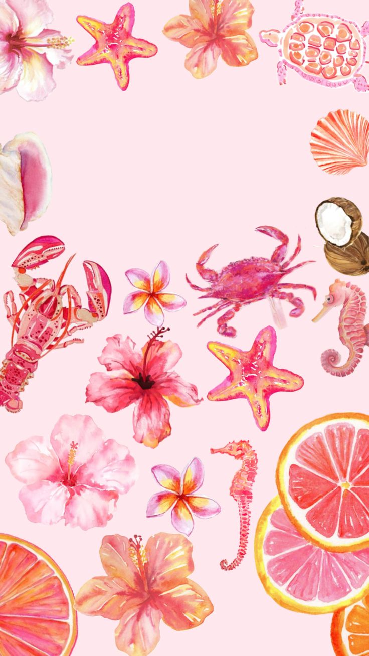 an assortment of tropical fruits and flowers on a pink background with sea animals, starfish, shells, and seashells