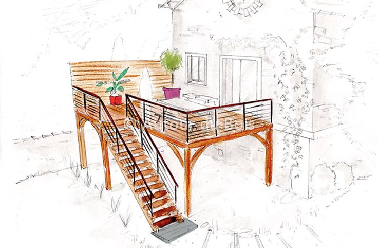 a drawing of a staircase leading up to a table with potted plants on it