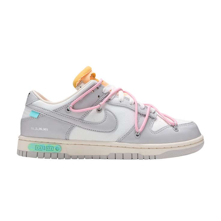 Find NIKE Off- X Dunk Low 'lot 09 Of 50 on Editorialist. This Off-White x Nike Dunk Low is taken from the ‘Dear Summer’ collection, a sprawling follow-up to Virgil Abloh’s first Nike Dunk collaboration from 2019. The low-top makes use of a white leather upper with soft grey canvas overlays, along with Virgil Abloh’s calling-card flourishes, which include a plastic zip tie and printed Helvetica text. Contrasting pops of color arrive via the sneaker’s secondary lacing system, zip-tie, an exposed-foam tongue and a rectangular tab affixed to the Swoosh. Limited to fifty pairs, a ’9 of 50’ badge is affixed on the lateral midsole. Off White X Dunk Low, Tenis Nike Jordan, Off White Dunk, Dr Shoes, Cute Nike Shoes, Cute Nikes, Swag Shoes, Best Sneakers, Nike Dunk Low