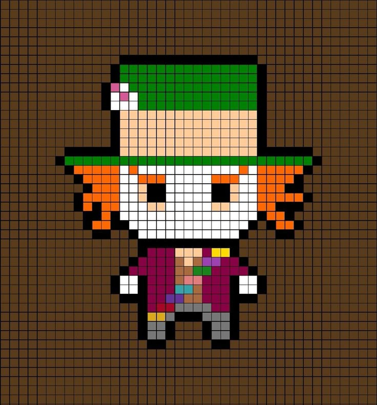 A pixel art template of the Mad Hatter from Disney's Alice in Wonderland. Mad Hatter Perler Beads, Pixel Art Templates Disney, Alice In Wonderland Pixel Art Grid, Alice In Wonderland Hama Beads, Disney Melty Beads, Alice In Wonderland Perler Bead Patterns, Pixel Art Pattern Disney, Alice In Wonderland Pixel Art, Pixel Art Disney Stitch