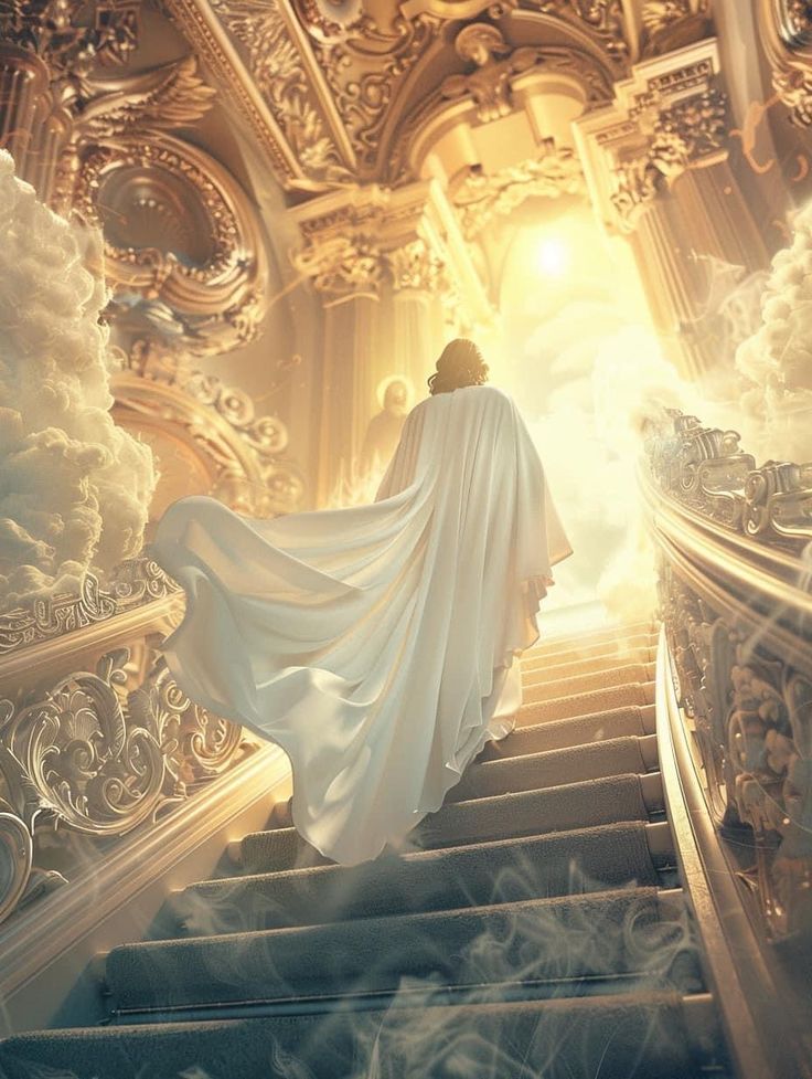 a woman in white is walking up some stairs with clouds around her and the light coming from behind her