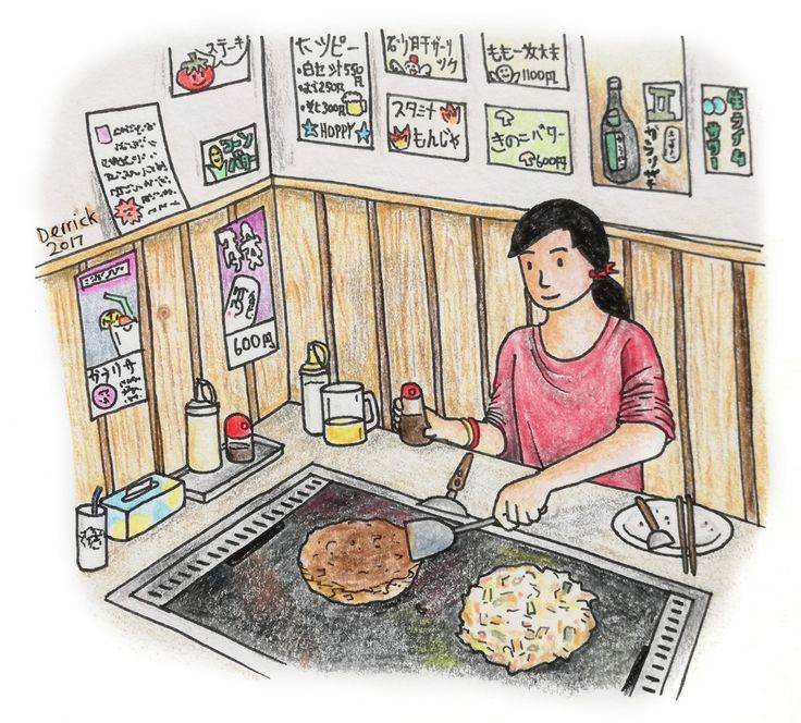 a drawing of a woman cooking food on the stove