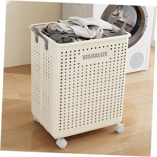 a laundry basket sitting on top of a wooden floor