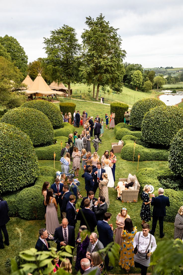 a large group of people standing on top of a lush green field next to bushes