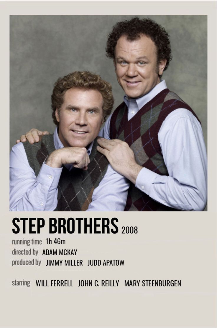 two men standing next to each other in front of a white poster with the words stepbrothers on it