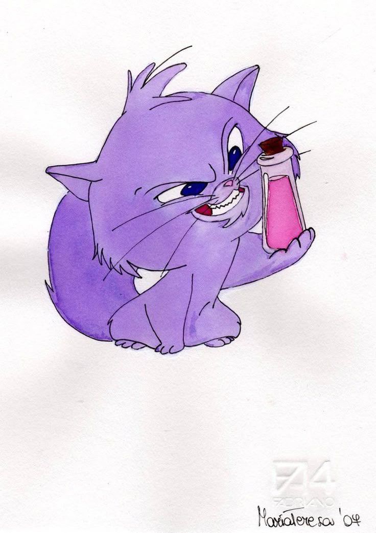 a drawing of a purple cat holding a pink object