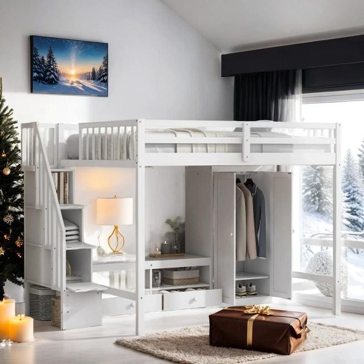 a white bunk bed sitting next to a christmas tree in a living room under a window