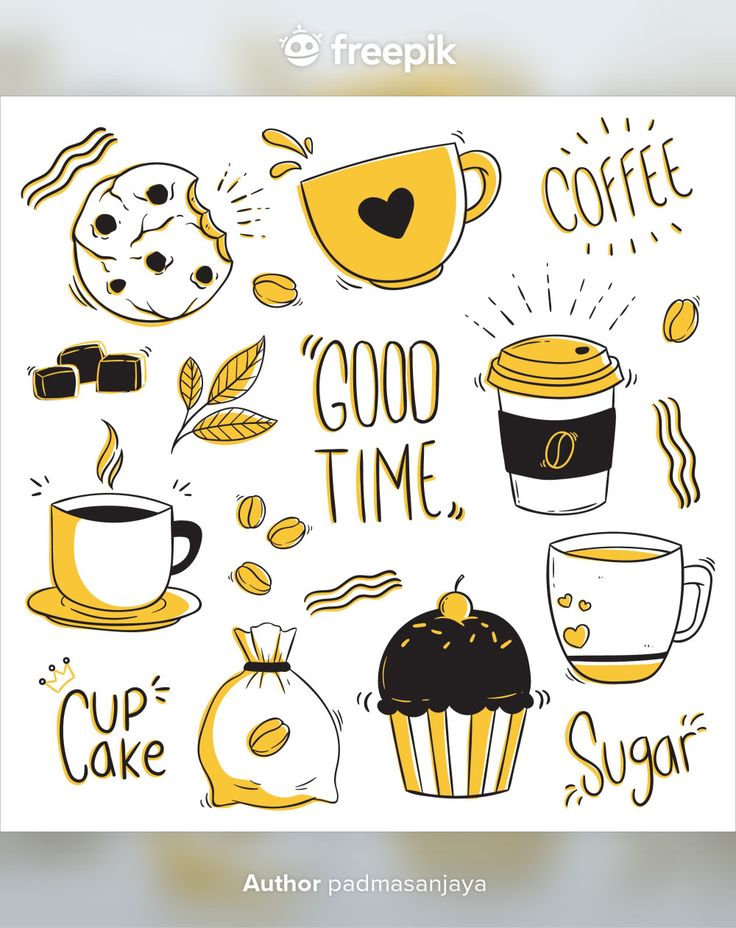 an image of coffee related items in yellow and black on a white background with the words good time