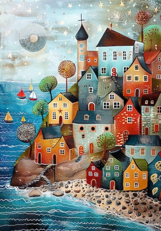 a painting of houses on an island in the ocean