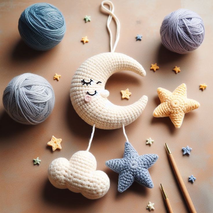 crochet stars, moon and yarn balls are on the table with knitting needles