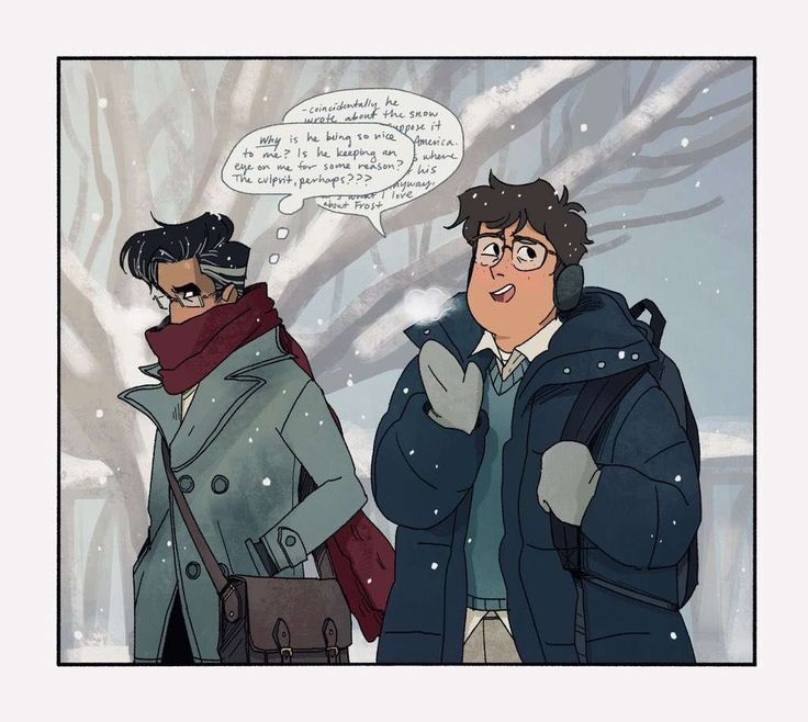 two men standing next to each other in the snow with a speech bubble above them