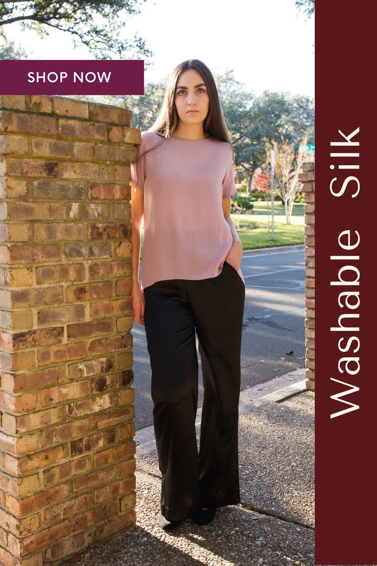 Experience the luxury of silk without the hassle of dry cleaning. Our washable silk pants for women come in chic black, trendy olive green, and rich wine. These stylish staples are perfect for any occasion - from a casual day out to a sophisticated evening event. #silkpants #washablesilk #silkoutfit #classy #classysilkoutfits #silkpantsoutfitclassy Elegant Viscose Pants For Daywear, Casual Silk Pants With Elastic Waistband, Casual Silk Wide Leg Pants With Elastic Waistband, Chic Silk Straight Leg Bottoms, Chic Silk Pants For Daywear, Sleek Silk Pants For Spring, Elegant Pants With Side Slits For Summer, Silk Straight Pants For Loungewear, Silk Wide-leg Pants For Work