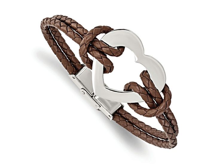 Stainless steel braided brown leather bracelet with polished finish open heart charm and fold over catch clasp. Bracelet measures approximately 7 1/2"L x 1/4"W, charm measures approximately 1 1/8"L x 1 1/4"W. Chain Of Hearts, Twisted Bangle, Heart Anklet, Woven Necklace, Brown Leather Bracelet, Snake Chain Bracelets, Stainless Steel Polish, Bow Jewelry, Jewelry Companies