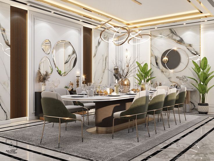 an elegant dining room with marble walls and flooring is decorated in white, gold and black