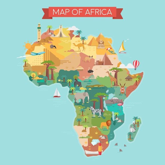 an illustrated map of africa with all the different types of animals and places on it