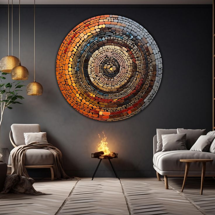 a living room filled with furniture and a large circular mosaic wall art hanging on the wall