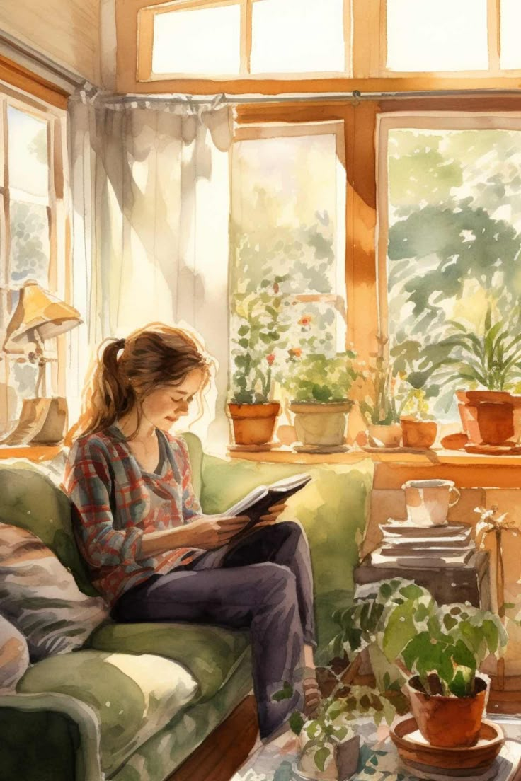 a painting of a woman sitting on a couch in front of a window reading a book