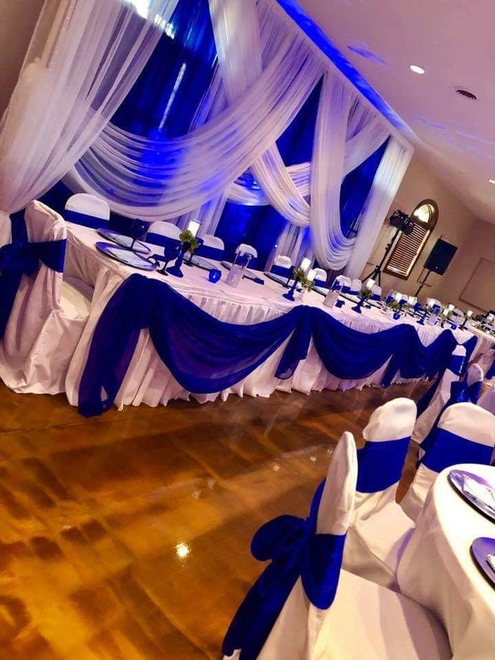 a banquet hall decorated with blue and white linens