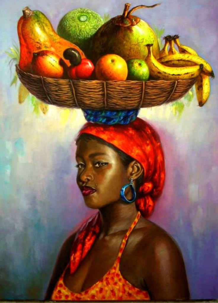 a painting of a woman with a basket on her head filled with fruits and vegetables