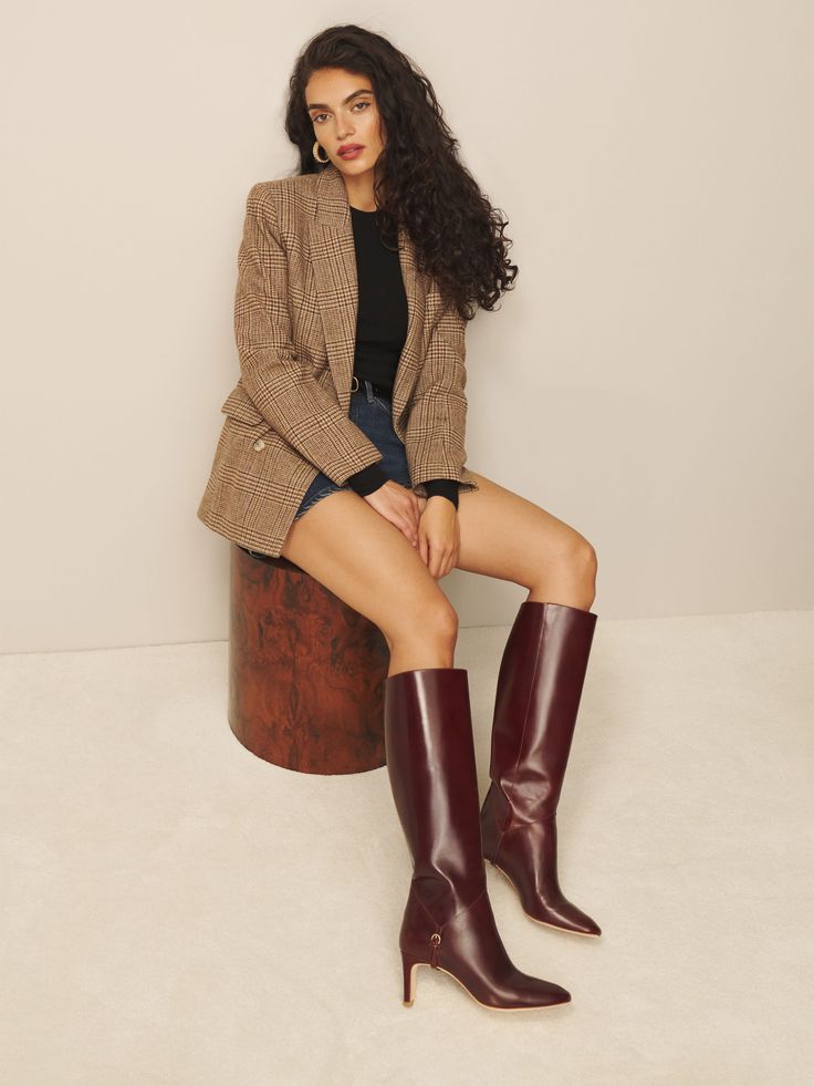 Tell your feet. Shop the Gaelle Knee Boot, a sustainable boot from Reformation. Brown Knee Boots, Pre Fall Outfits, Sustainable Shoes, Basic Essentials, High Boots Outfit, Burgundy Boots, Trouser Outfits, Future Style, Fall 24