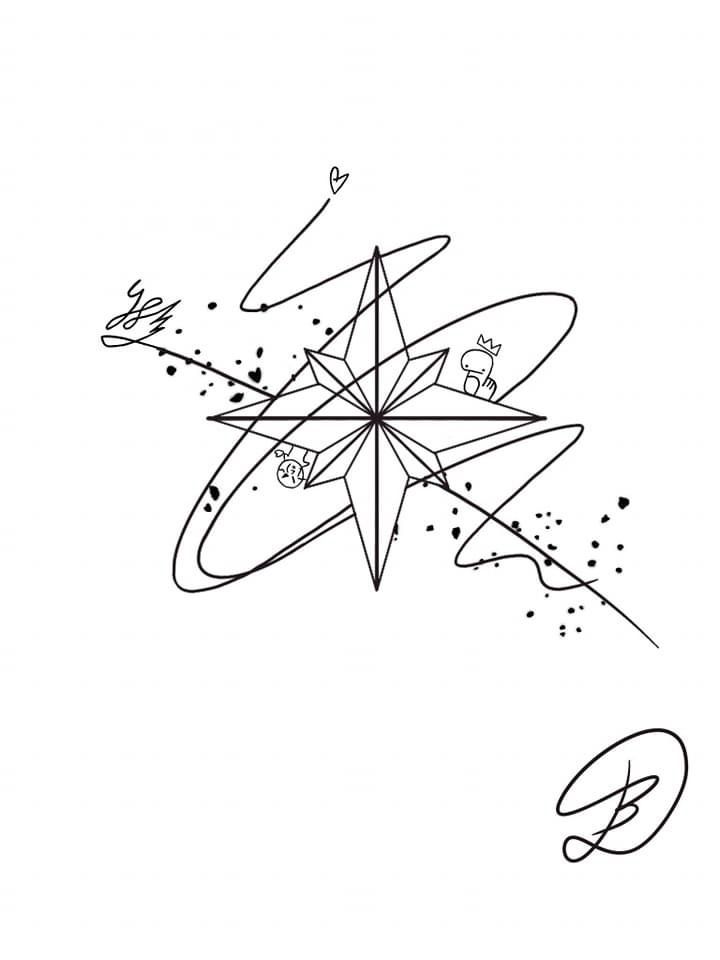 a black and white drawing of a star in the sky with letters written below it