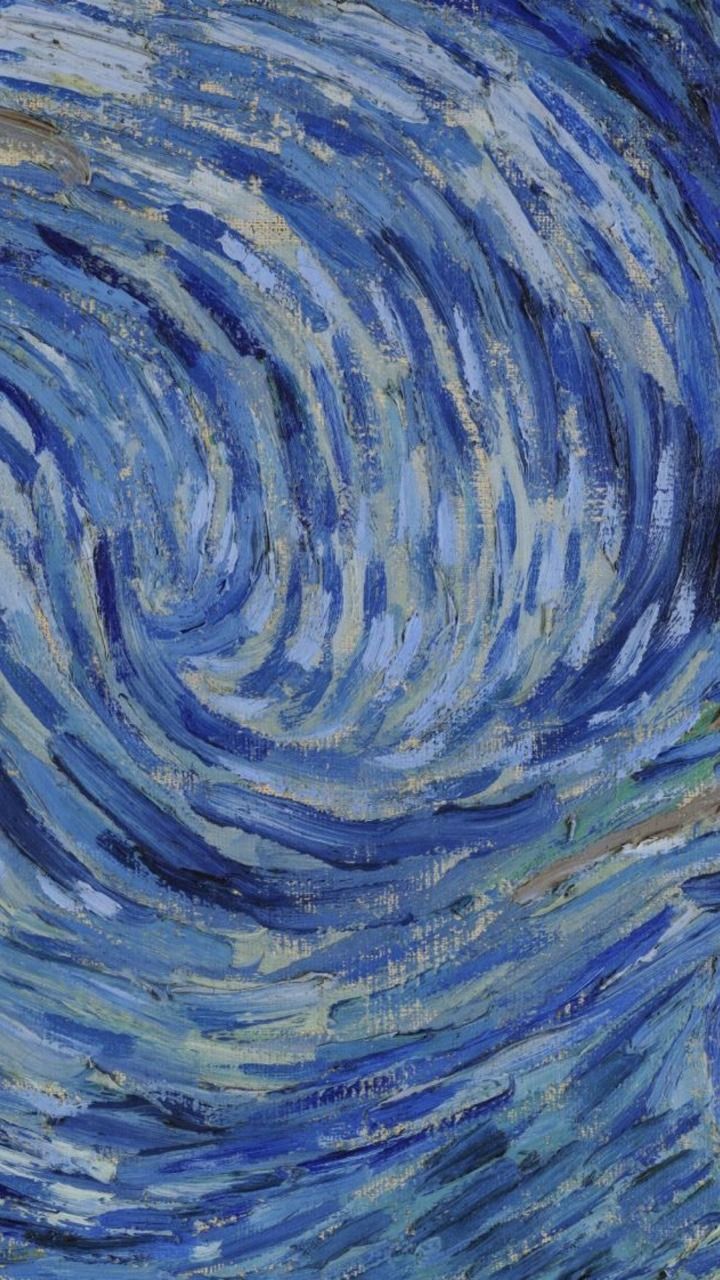 an abstract painting with blue swirls and yellow highlights on it's surface,