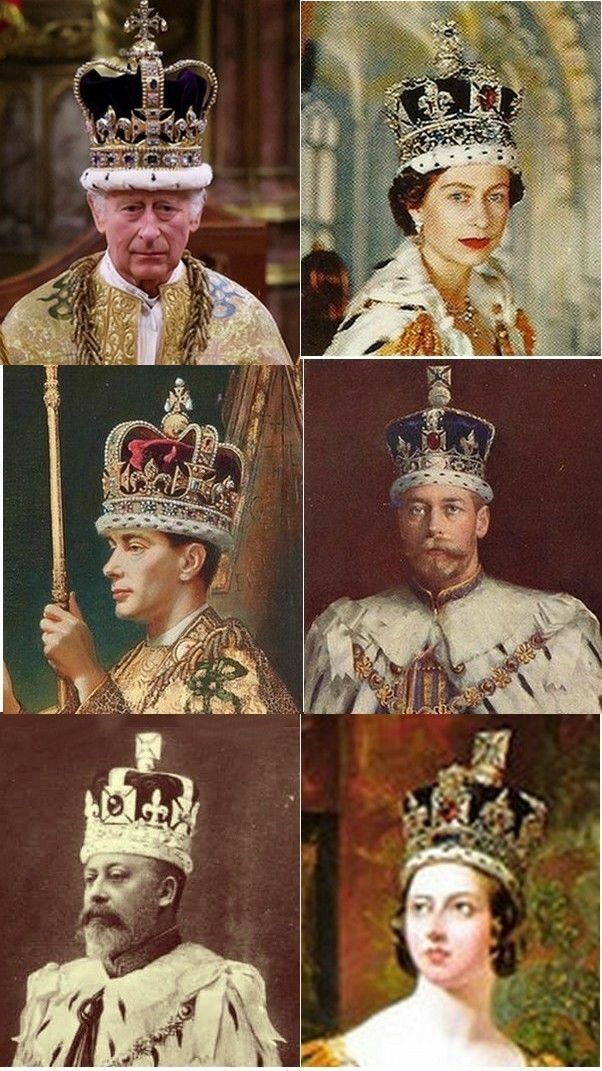 four different pictures of the same people wearing crowns and tiaras, including queen elizabeth