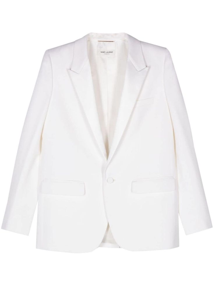 shell white virgin wool notched collar front button fastening dart detailing long sleeves buttoned cuffs chest welt pocket two side flap pockets American rear vent White Suit Jacket, Saint Laurent Jacket, White Tuxedo, Designer Outfits, Future Outfit, Tuxedo Jacket, Halloween 2024, Vest White, Notched Collar