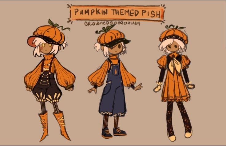 three cartoon characters are dressed up in pumpkin themed clothing and hats, one is wearing an orange