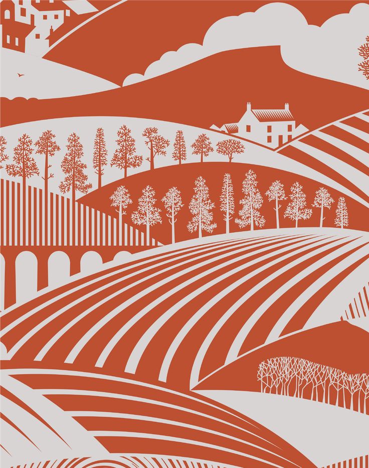 an orange and white illustration of a farm field with trees on the hill in the background