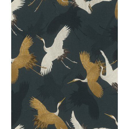 a flock of birds flying through the air on top of a black background with white and gold accents