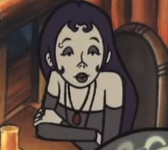 an animated image of a woman sitting in front of a table with a glass on it