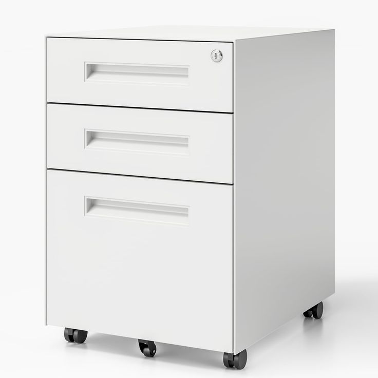 a white filing cabinet with three drawers on casteors and wheels, against a white background