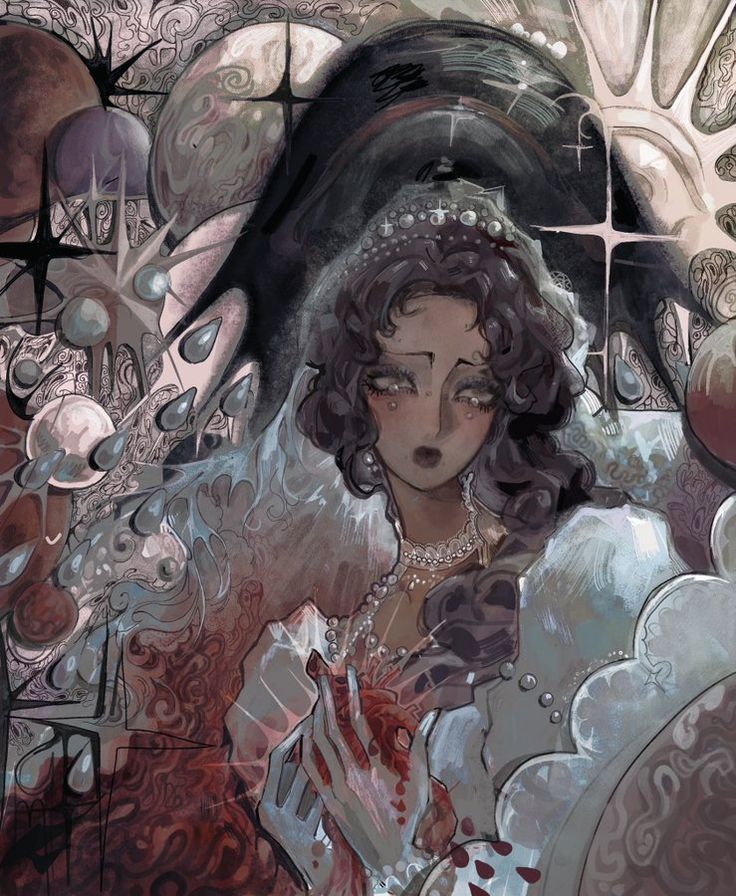 a painting of a woman with curly hair and an elaborate headdress, surrounded by other art work