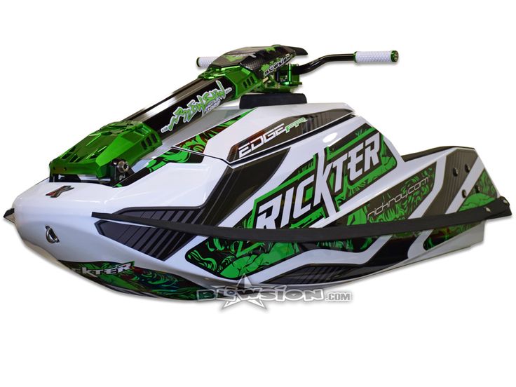 a green and white jet ski with the word fighter on it's front end