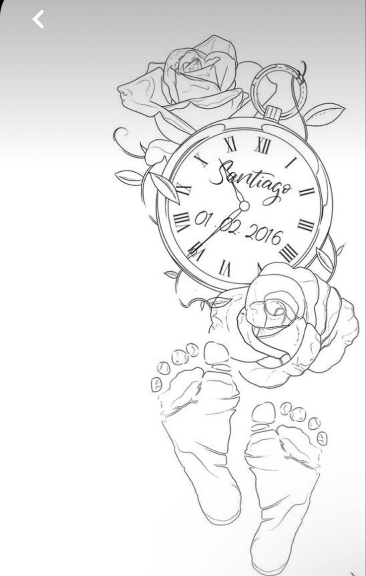 a drawing of a clock with roses on it