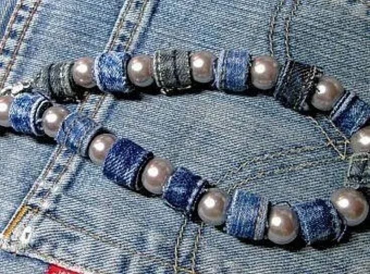 two bracelets made out of jeans and pearls