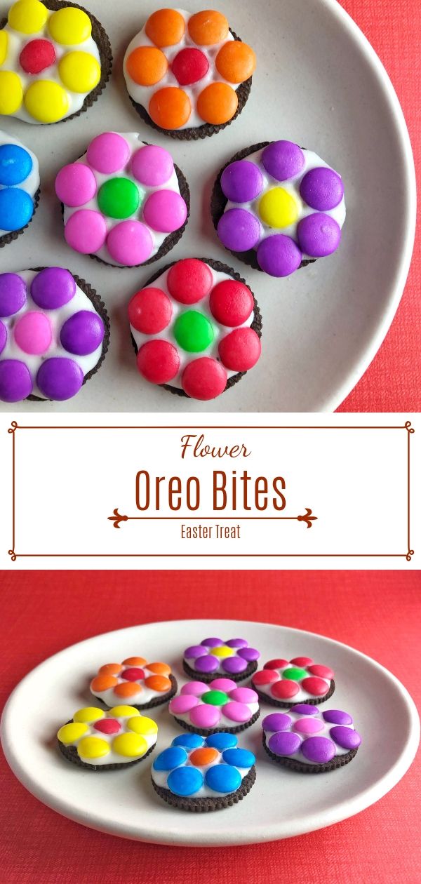 a plate with some cupcakes on it and the words flower oreo bites