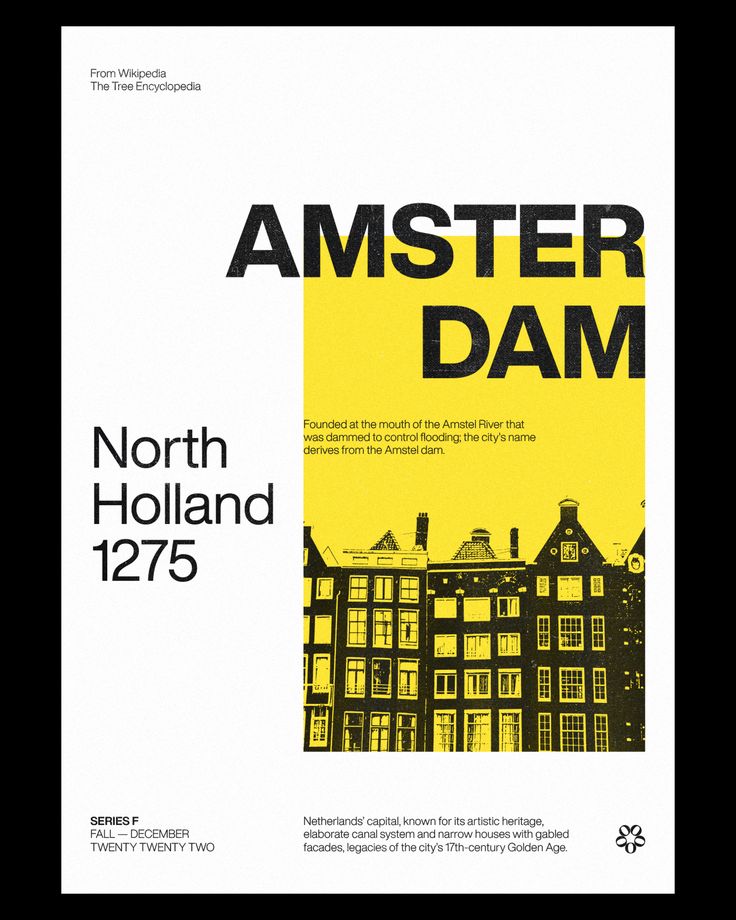 the front cover of an exhibition poster for amsterdam holland, featuring yellow and black buildings