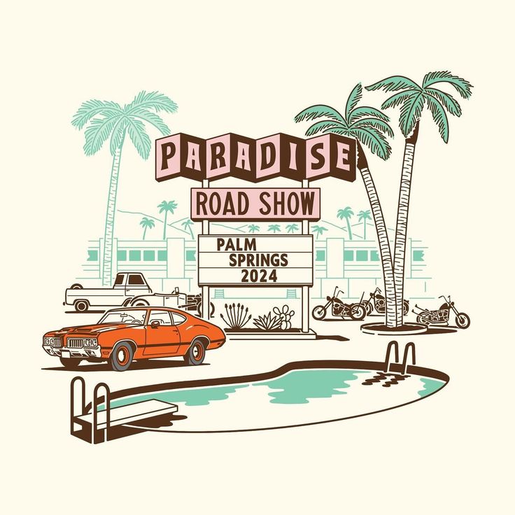 an orange car is parked in front of the paradise road show sign and palm trees