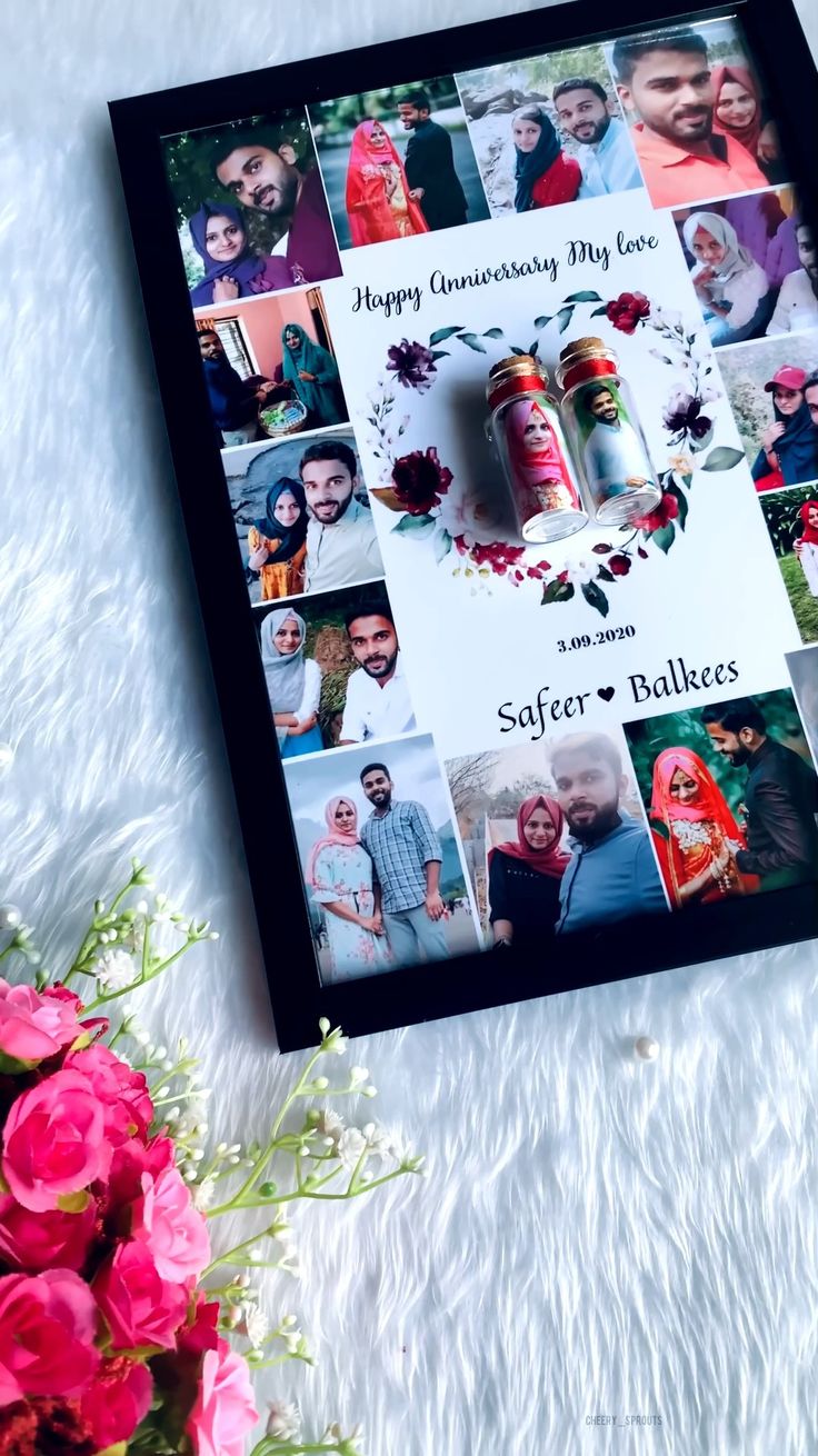 a collage of photos and flowers on a white blanket